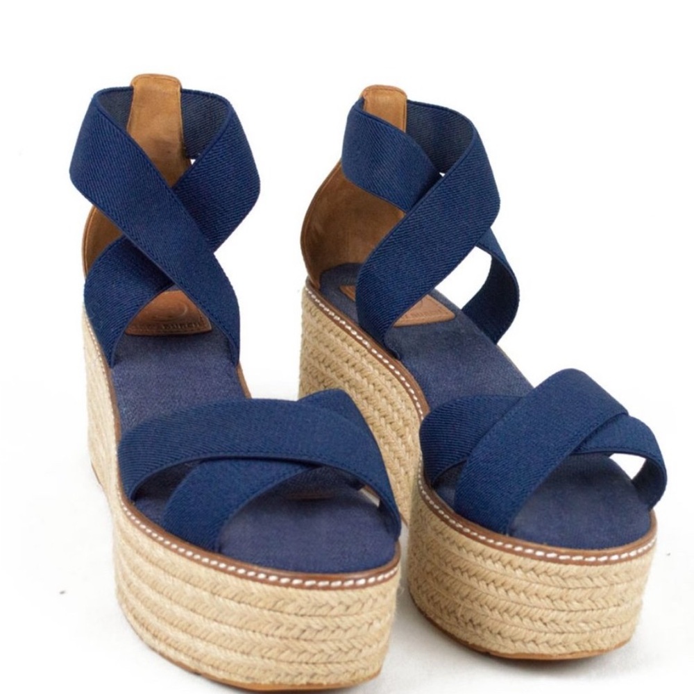 Tory Burch Blue 'Frieda' Espadrille Wedge Sandals
